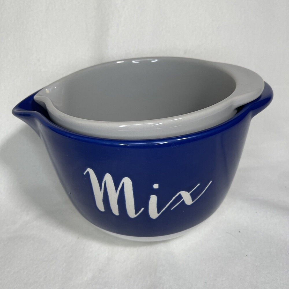 Symphony Stoneware Nesting Mixing Bowls Pottery Set 2 Blue/ White, Tan/ White