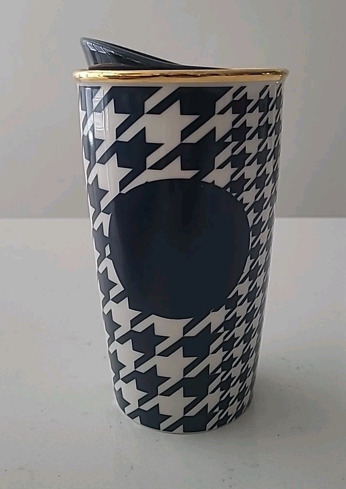 2015 STARBUCKS Navy Blue & White Houndstooth Dot Collection Ceramic  (B2-A17)