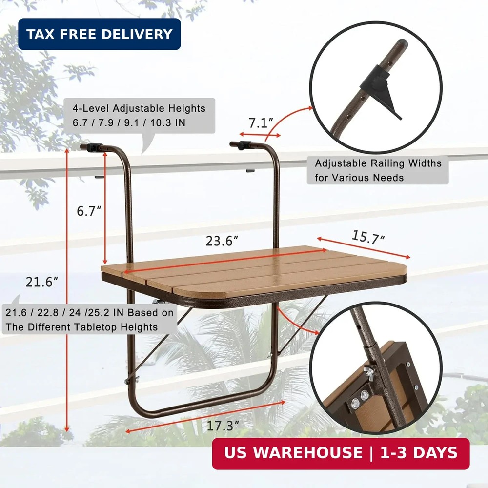 Balcony Railing Table Hanging Folding Balcony Bar Table for Deck Railings Outdoo