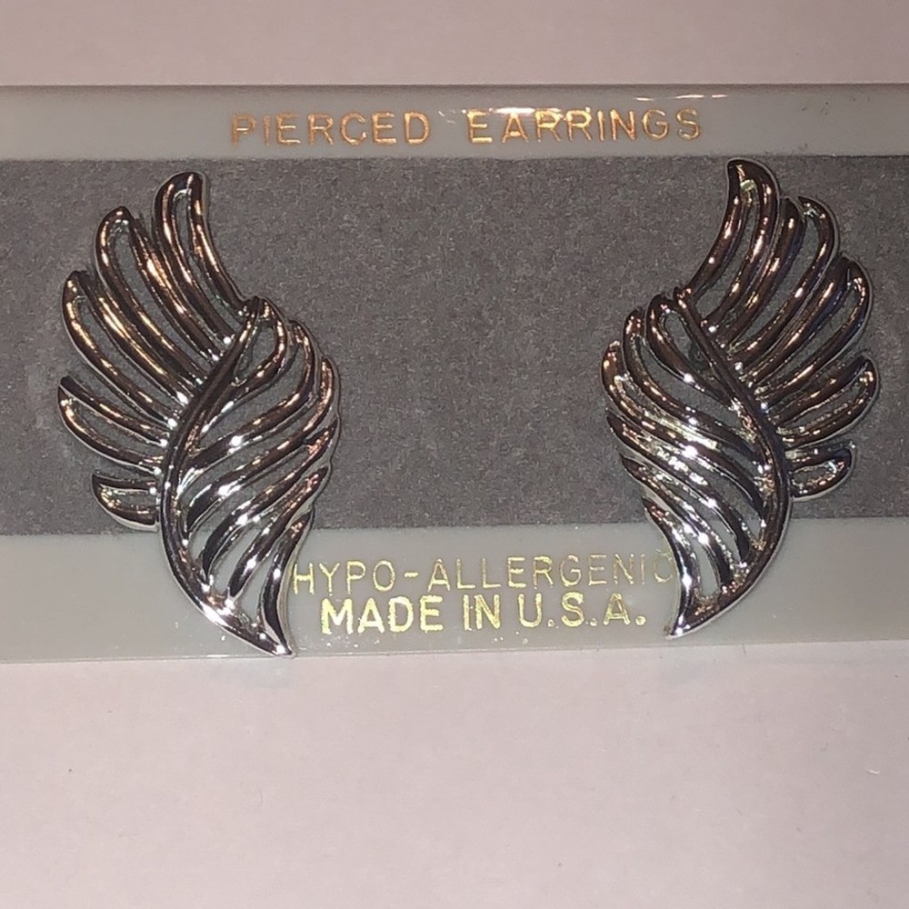 Vintage Silver Tone Retro Boho Wing Pierced Earrings
