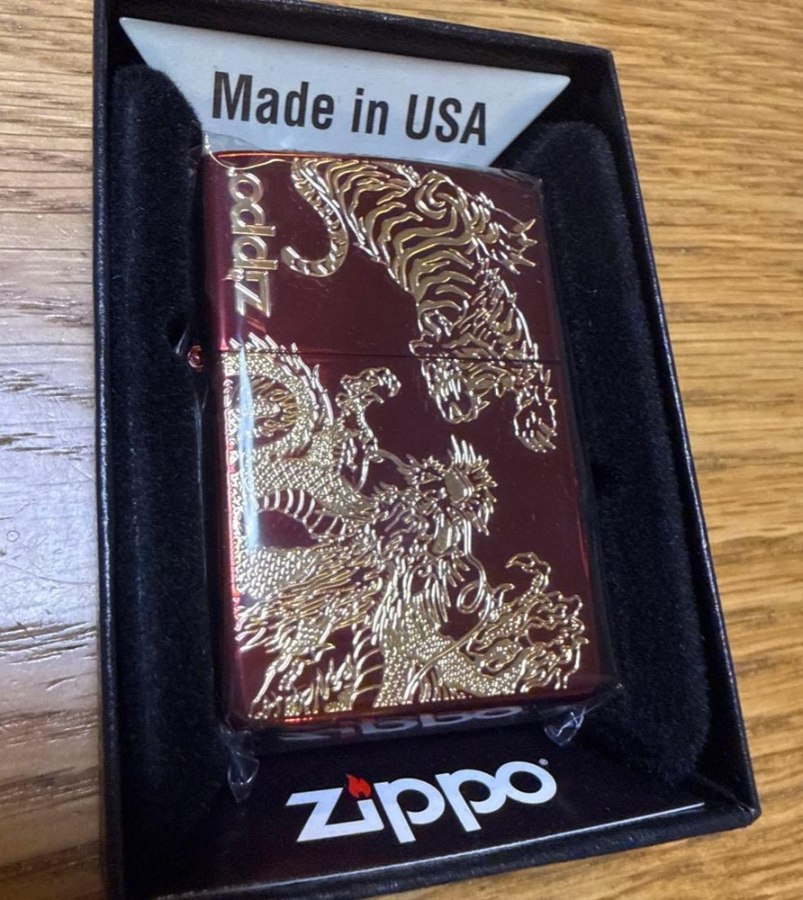 Zippo Lighter Dragon Tiger Japanese Pattern Red Gold Etching One Side Processing