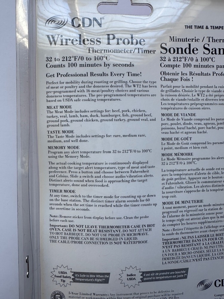 CDN Wireless Probe Cooking Thermometer Timer Model WT2