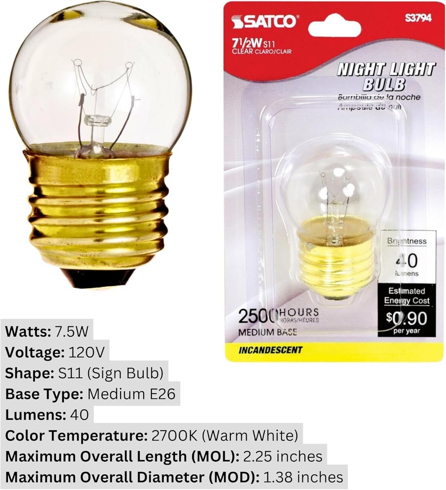Satco S3794 - 7.5 Watt S11 Medium Base Night Light Bulb - 2700K (20 Pack)