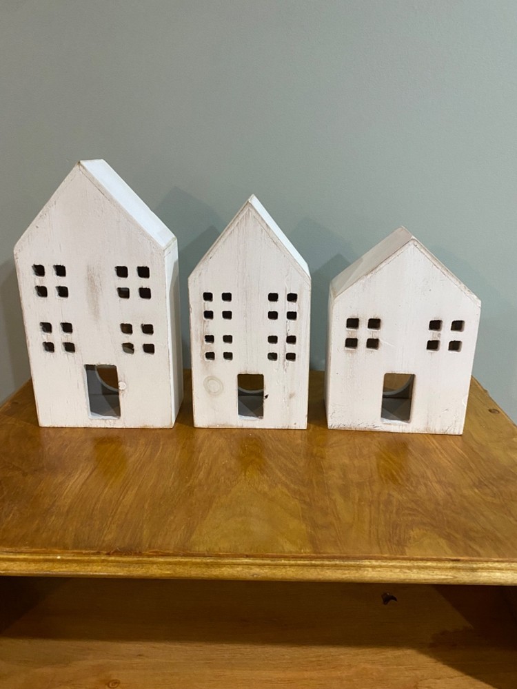 Three Decorative Distressed White Wooden Bird Houses