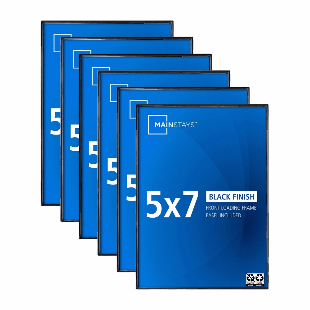 Mainstays 5x7 Front Loading Picture Frames, Black, Set of 6