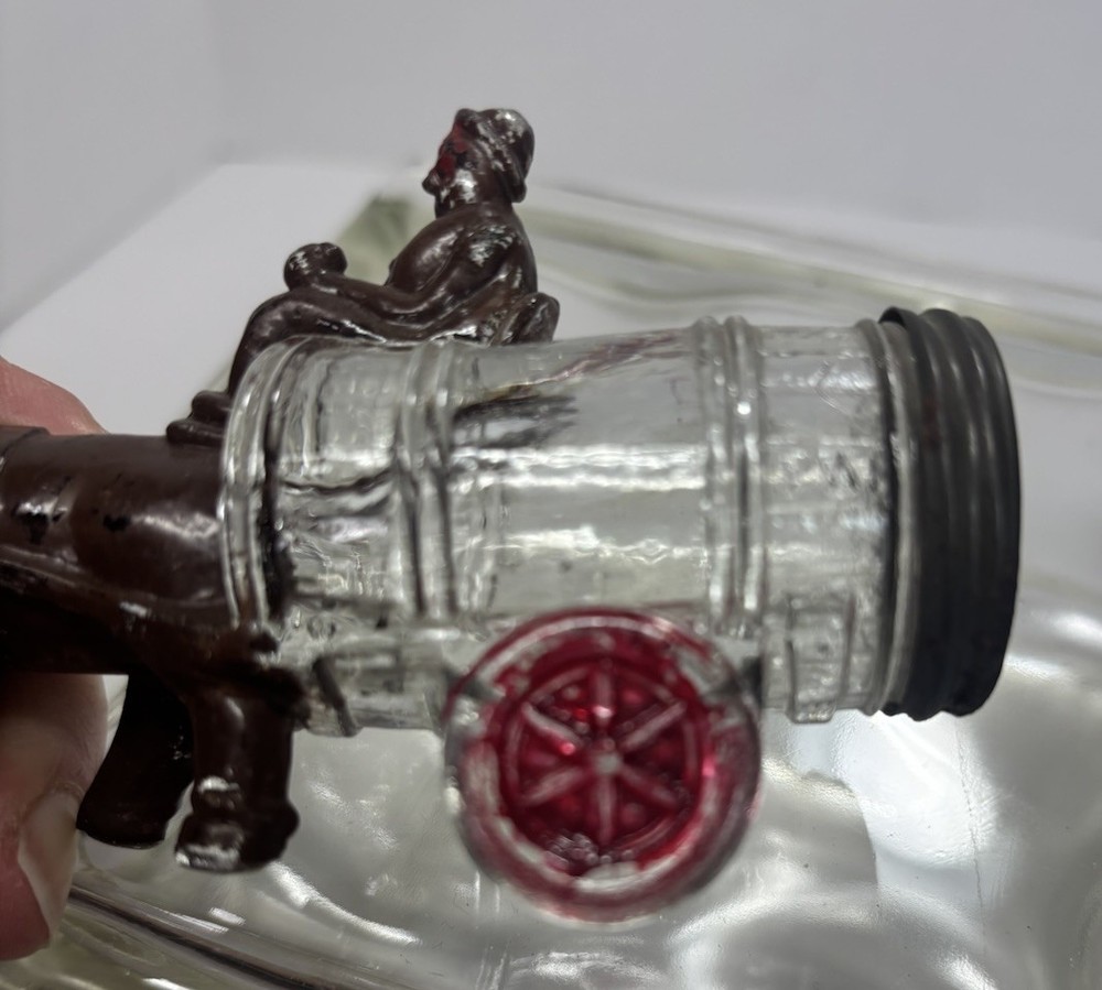 Glass CandyContainer Donkey Pulling Wagon with barrel 1930’s Victory Glass
