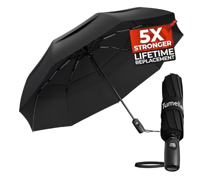 Tumella Windproof Travel Umbrella Compact Auto Folding 70MPH  -Solid Black-