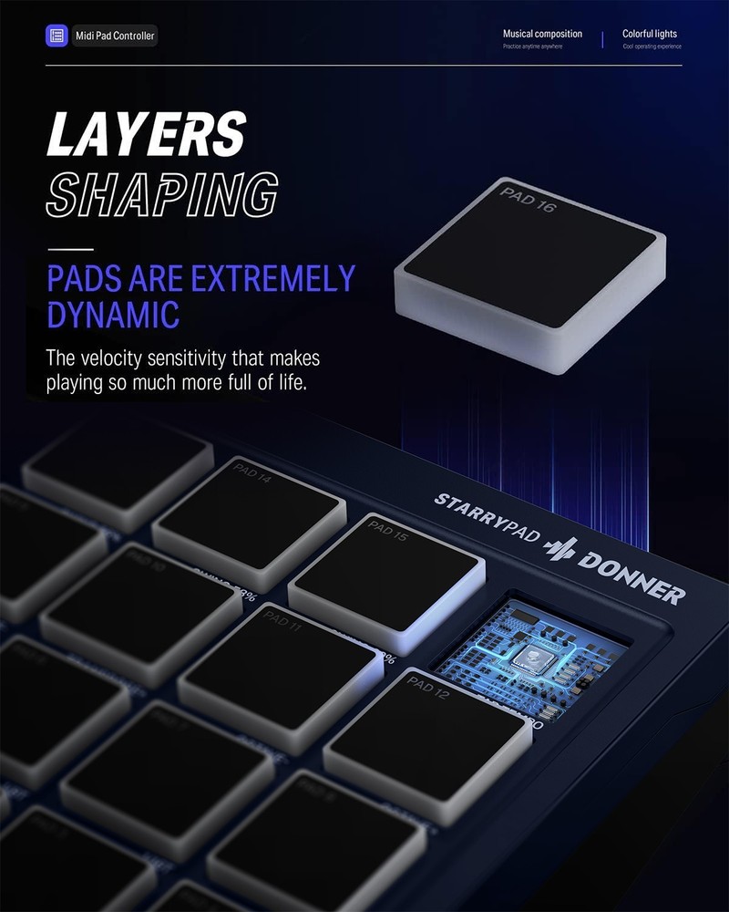Donner STARRYPAD Drum Machine 16 Beat Pads USB MIDI Controller Blue