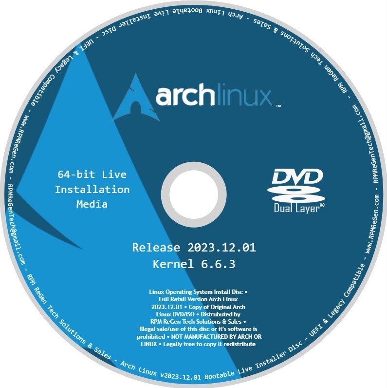 Arch Linux Installation Disc: BOOTABLE LINUX DVD RELEASE 2023.12.1 KERNEL 6.6.3