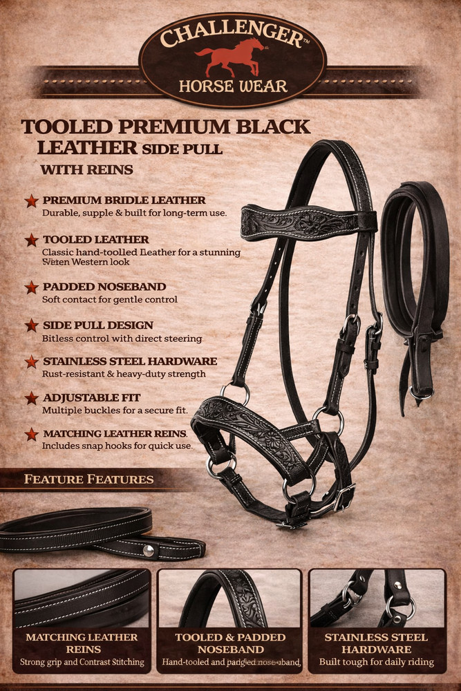Leather Floral Bitless Sidepull Bridle Split Reins 77RS28BK