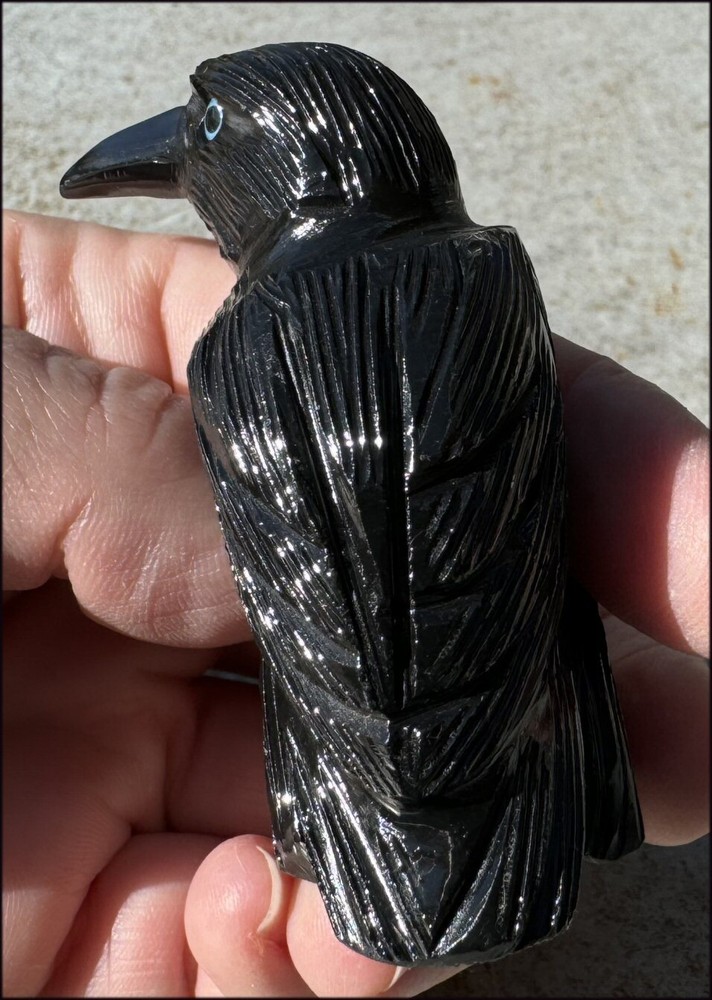 Medium Black Onyx RAVEN Carving w/ Blue Eyes