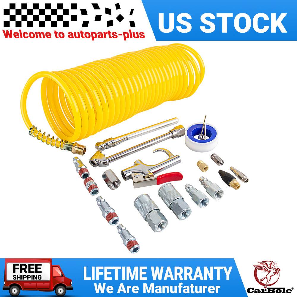 Air Compressor Accessory Tool Kit 25Ft Recoil Hose Gun Nozzles Set 1/4" NPT