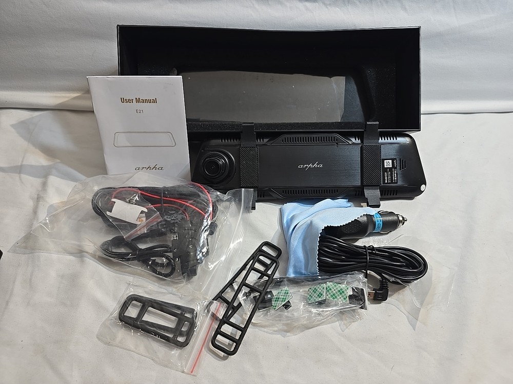 Arpha E21 Touch Screen Mirror Dash Cam w/Real Time Video Streaming - 10” Open