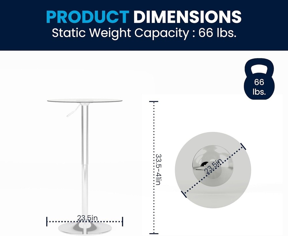 23.5'' Round Glass Cocktail Table with Adjustable Height Frame, Bar Height Table