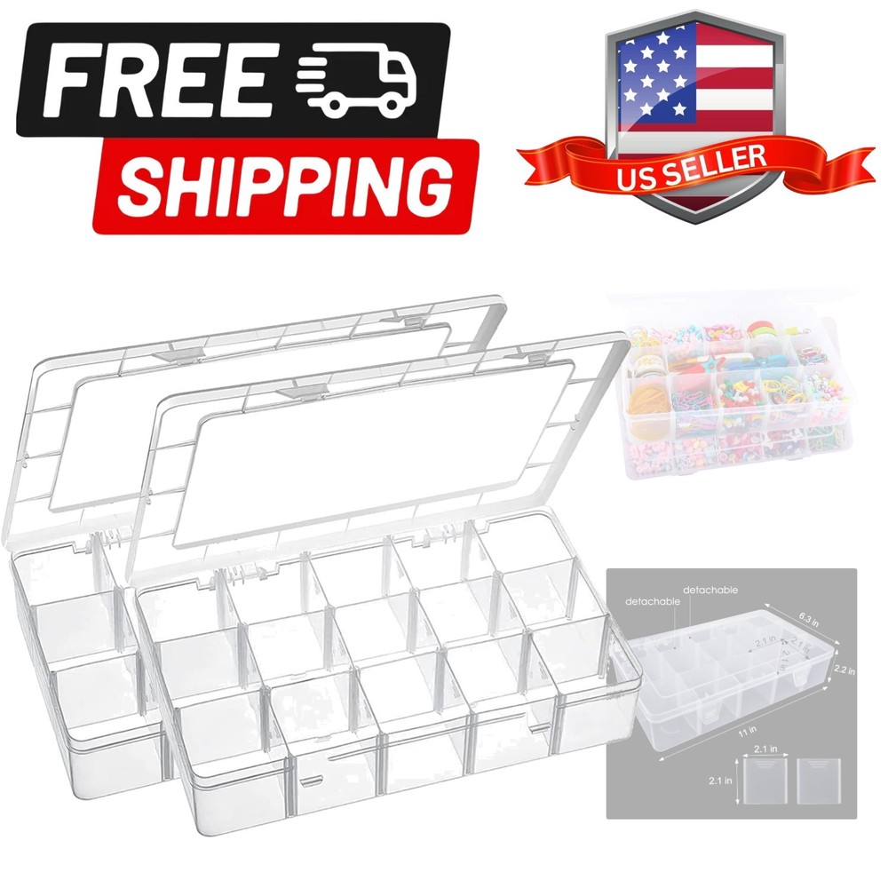 15 Large Grids Plastic Organizer Box with Dividers, 2 Pack Clear Compartment ...
