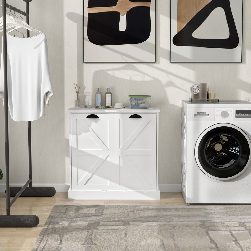 Two-Compartment Tilt-Out Laundry Sorter Cabinet-White