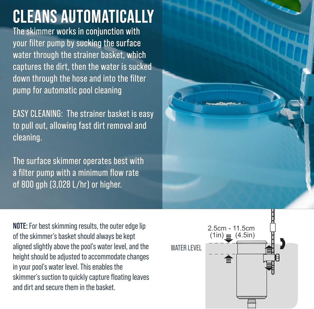 Automatic Pool Surface Skimmer with Strainer Basket - Low Maintenance Solution