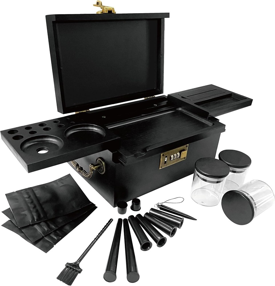 Black Bamboo Box with Combination Lock, Large Stash Box with Removable Tray D...