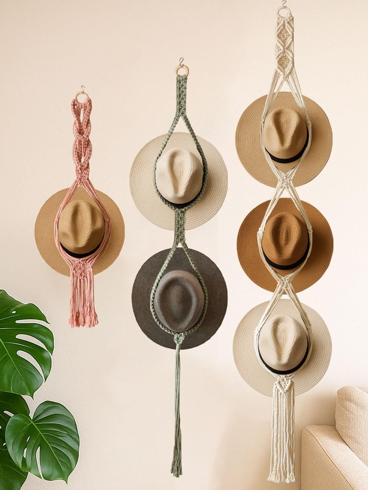 Boho Hat Organizer Rack, Macrame Hat Hanger, Handmade Hat Holder for Wall Han...