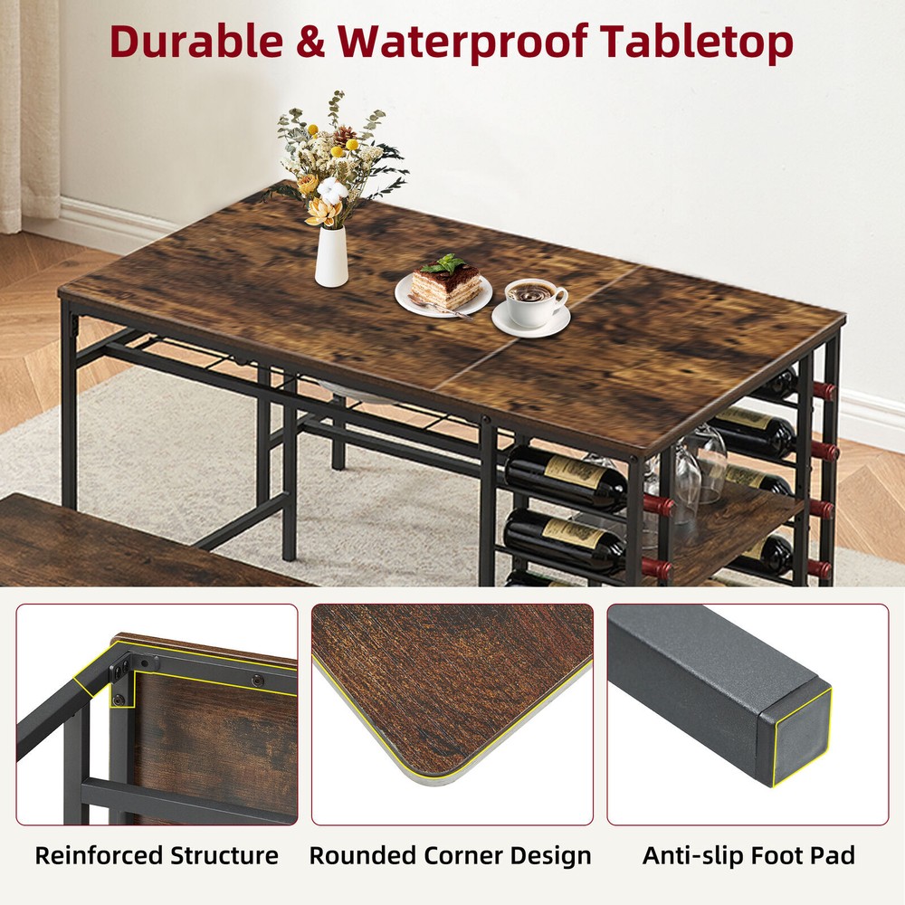3 Piece Kitchen Dining Table Set for 4 with 2 Benches＆Wine Rack Rustic Brown