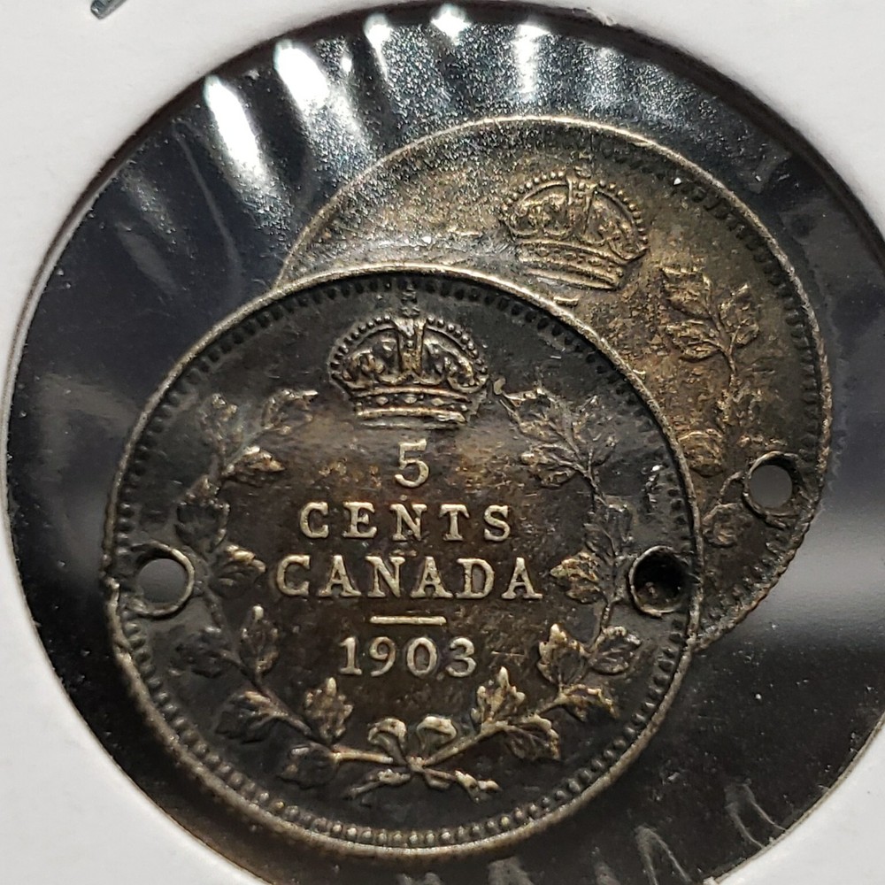 (2) Silver Canada 5 Cent Coins 1903 Holed, 1967 Holed