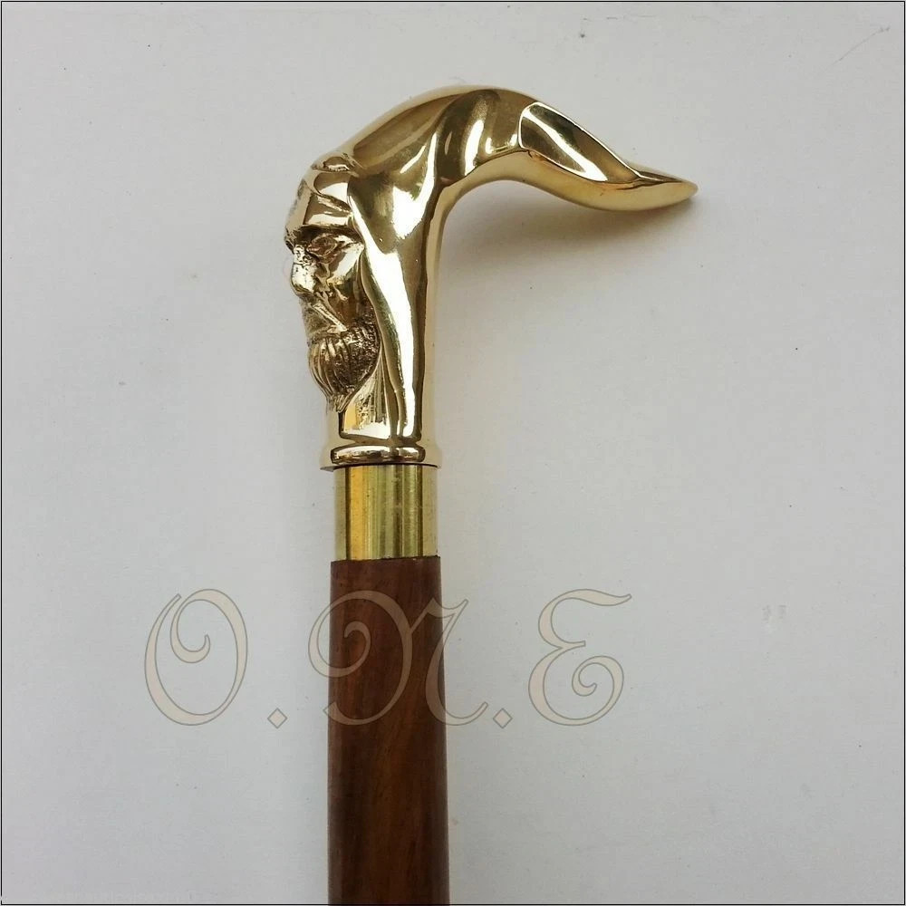 Victorian Face Handle Walking Stick Cane Solid Brass Handle Wooden Stick Style