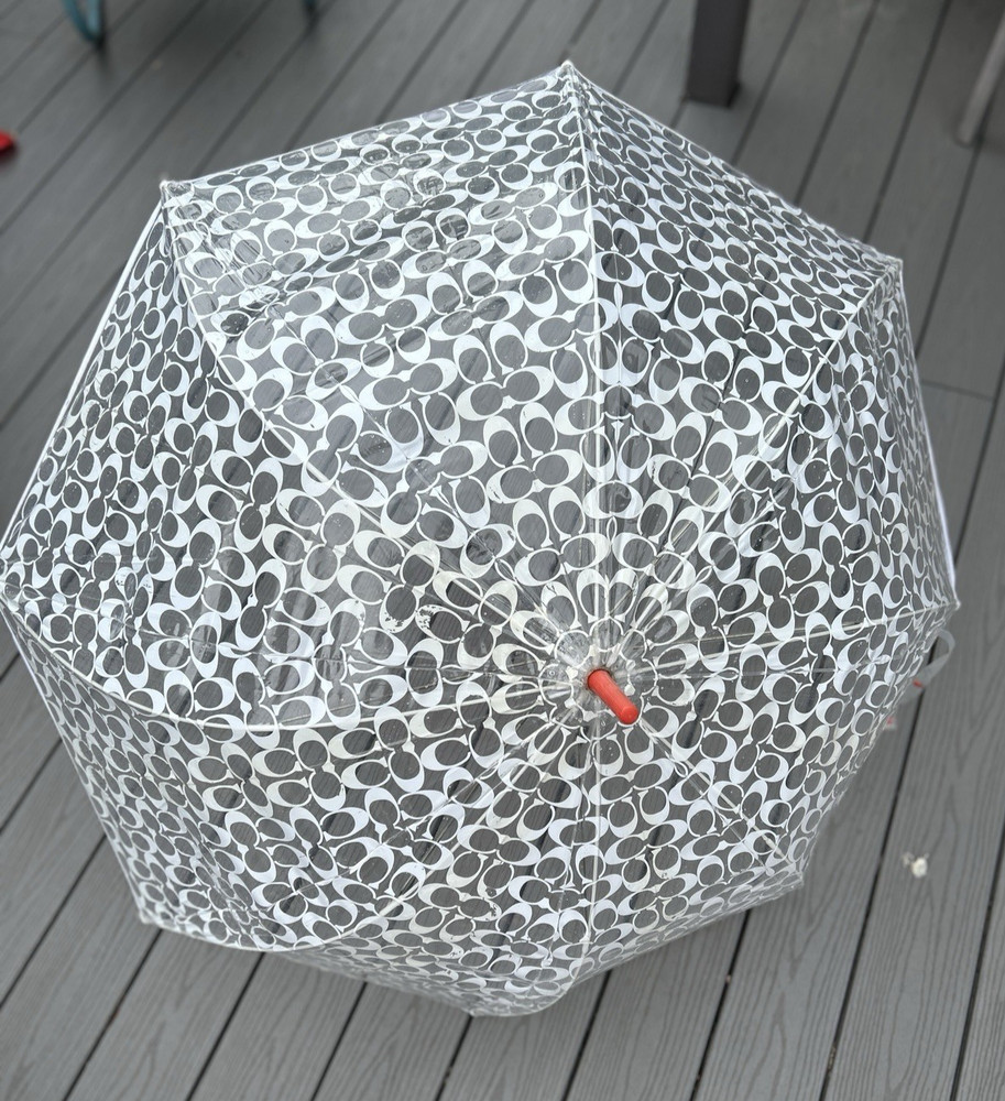 Large Coach Monogram Clear See Through w/ Lucite Handle Umbrella Rain Paris