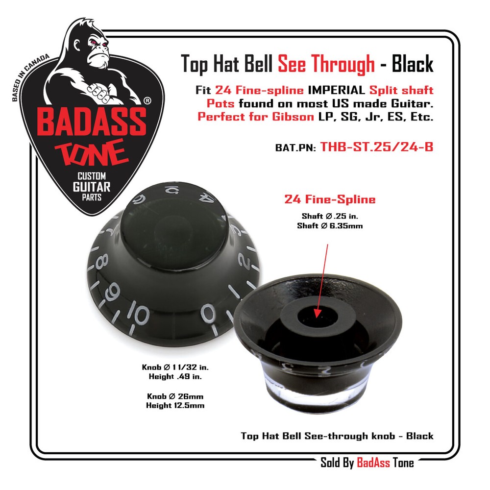 High Quality Black Top Hat Bell Knobs - 1/4 Shaft / 24 Fine-Spline