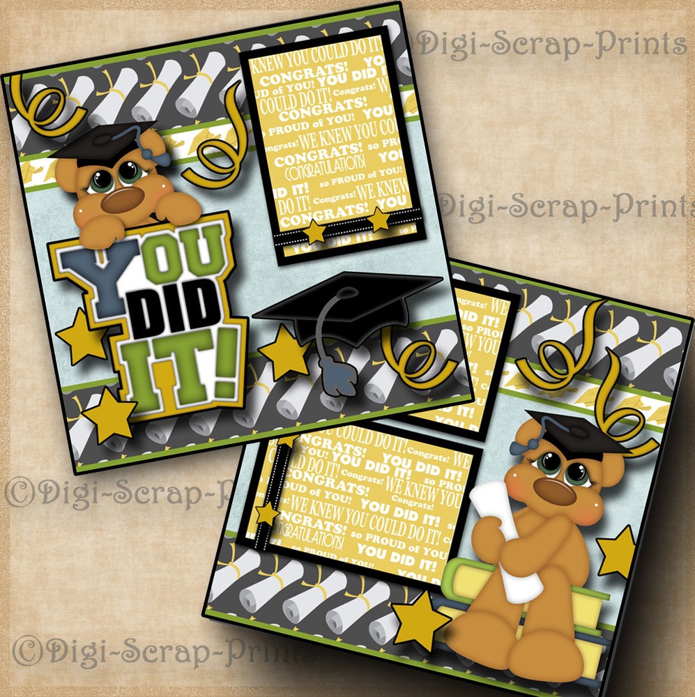 GRADUATION ~ 2 premade scrapbook pages paper piecing layout school ~ DIGISCRAP