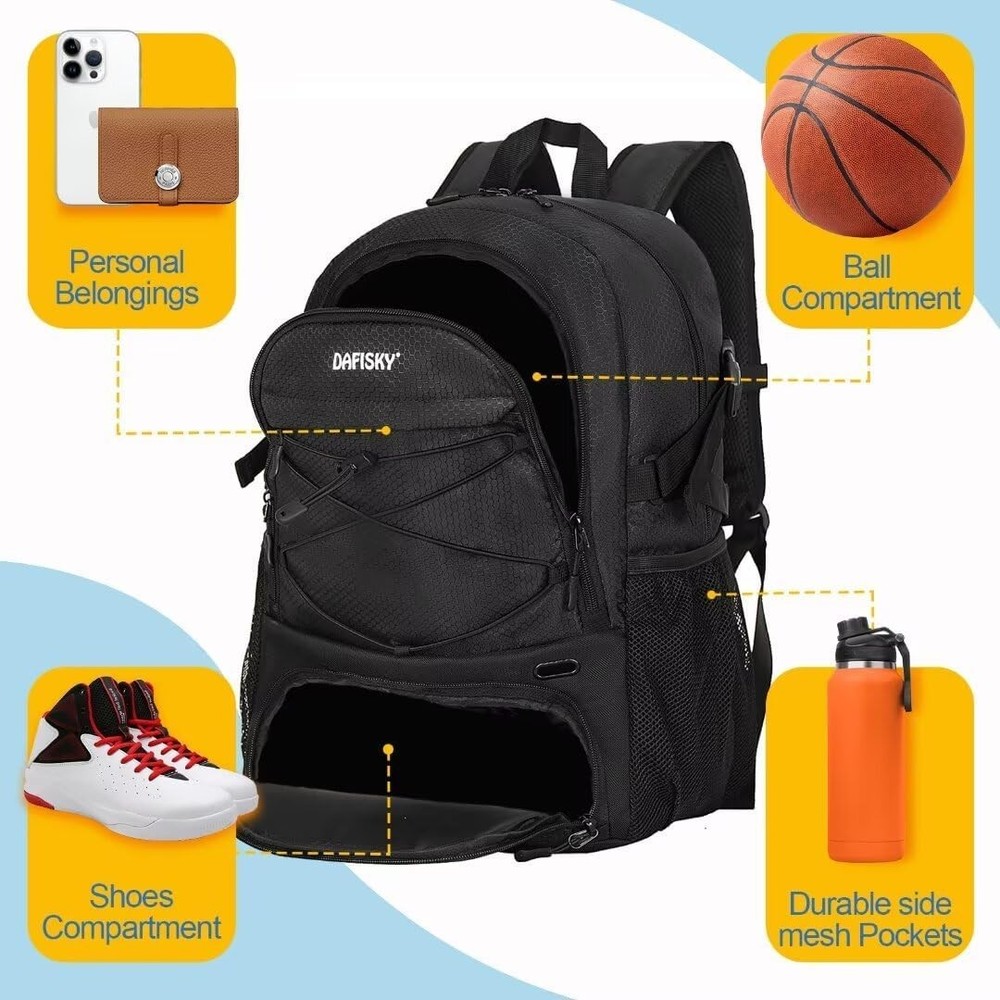 Basketball Backpack with Ball Compartment – Large Medium, Black