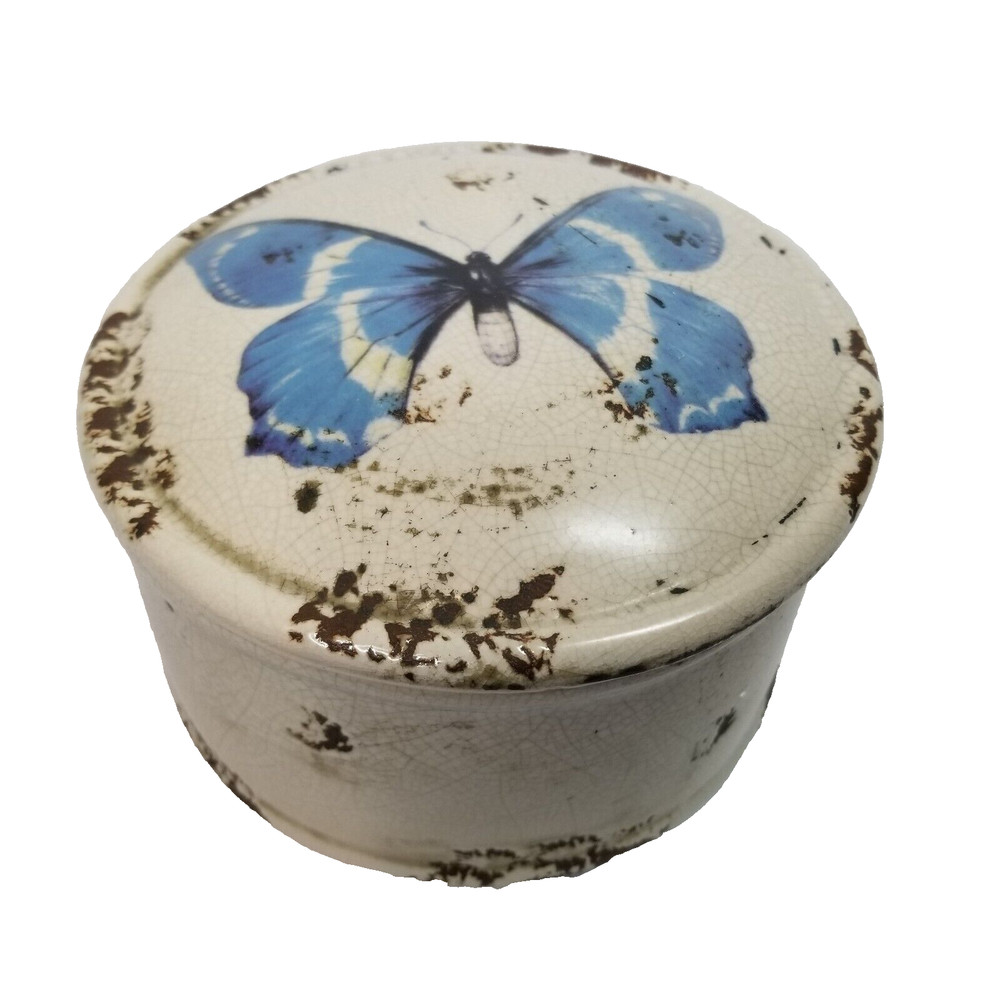 Round Covered Ceramic Trinket Dish Butterfly box boho 5" Distressed