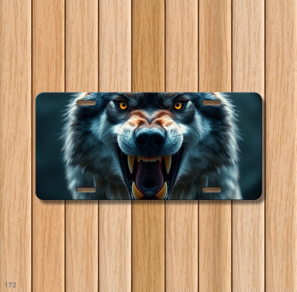 Aggressive Wolf License Plate Fierce Expression Optional Text Front Plate Unique