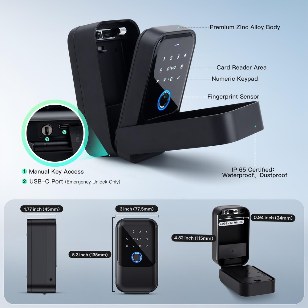 Smart Key Lock Box – Wall Mounted or Shackle Design, Fingerprint, Passcode, B...