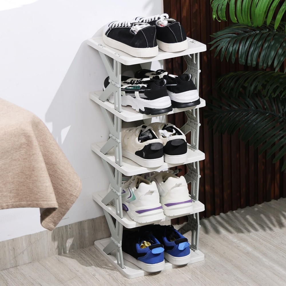 5-Tier Plastic Narrow Vertical Shoe Rack, Gray Foldable Shoe Rack