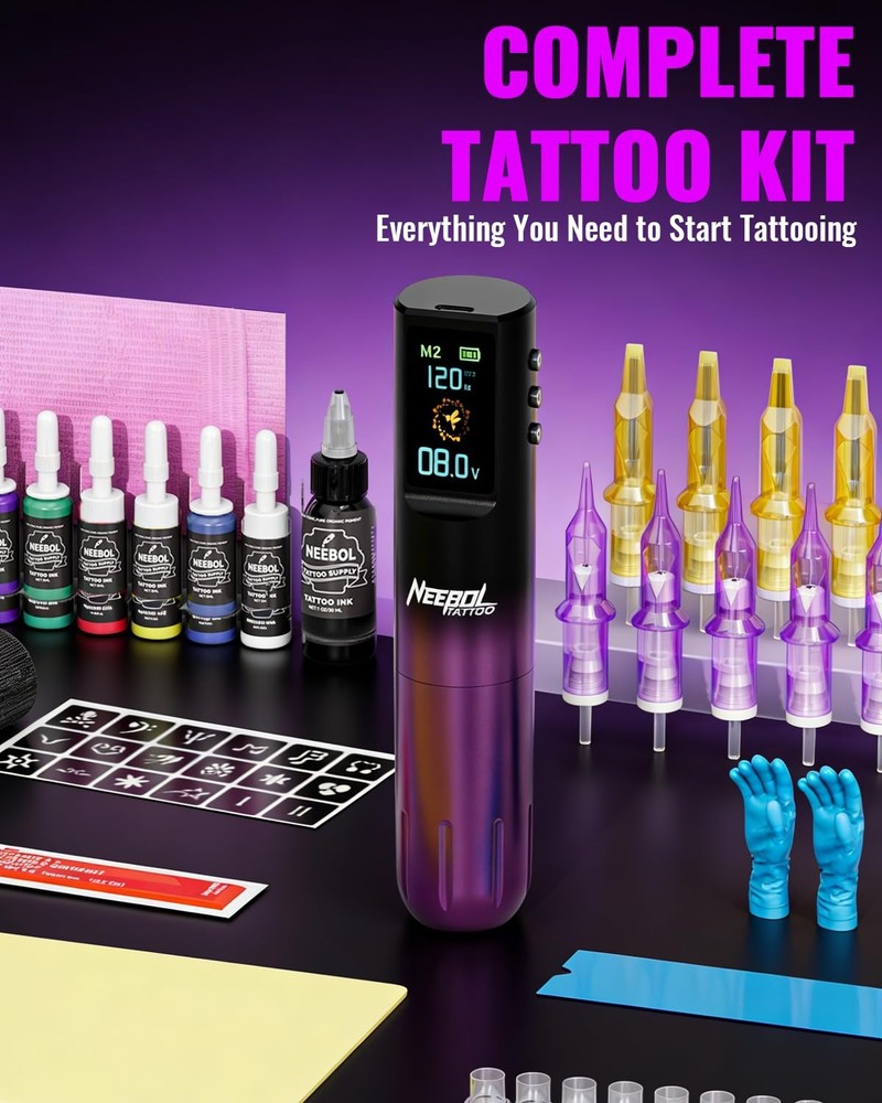 Wireless Tattoo Kit Complete for Beginners Pen Machine with Power Supply Needles