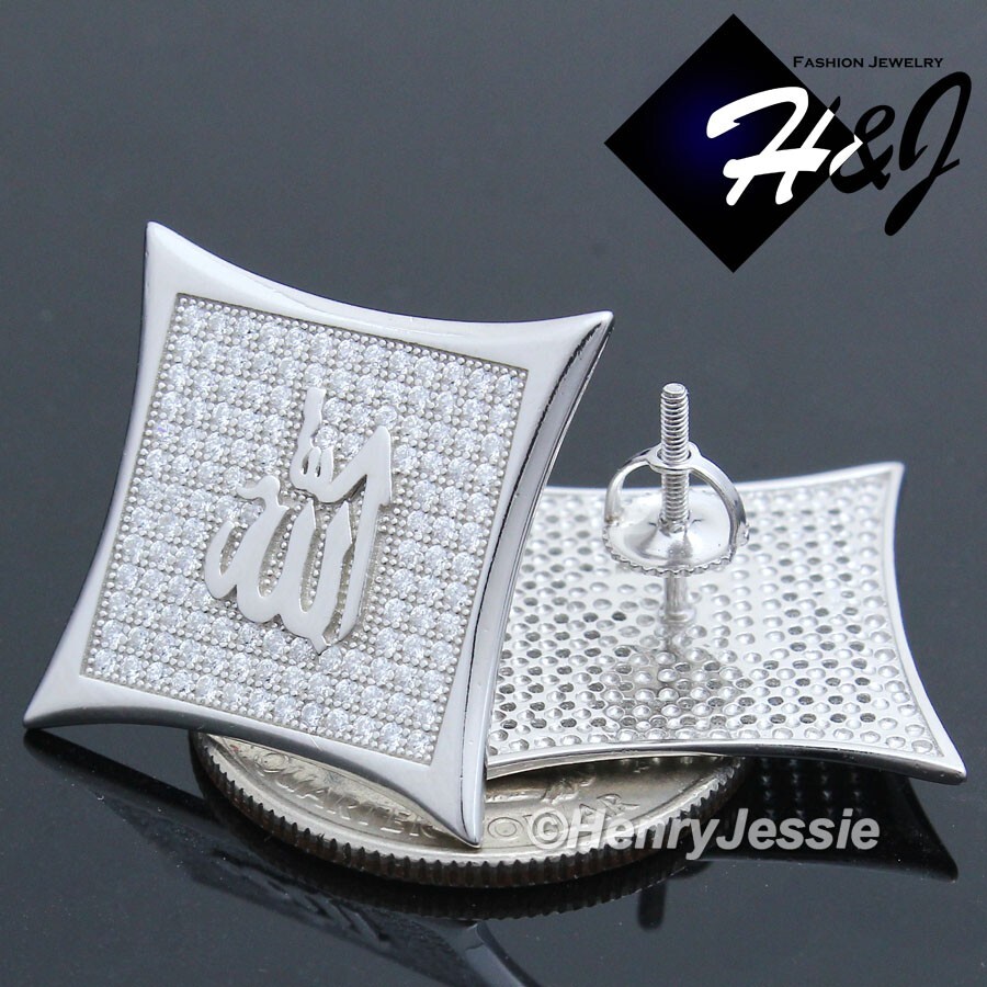 MEN SOLID 925 STERLING SILVER ICY CZ JUMBO MUSLIM ALLAH SQUARE STUD EARRING*E113