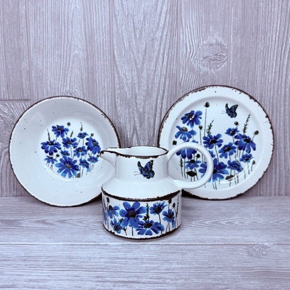 Midwinter stone hinge blue floral / butterfly pitcher , plate  bowl set ceramic
