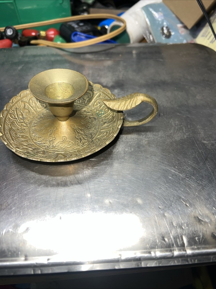 Persian Brass Chamberstick Candle Holder with Ornate Islamic Script