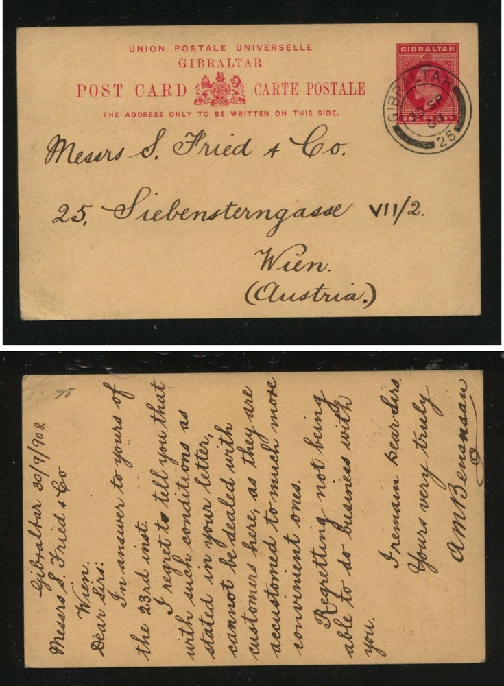 Gibraltar nice postal card to  Austria  1908   MS0825