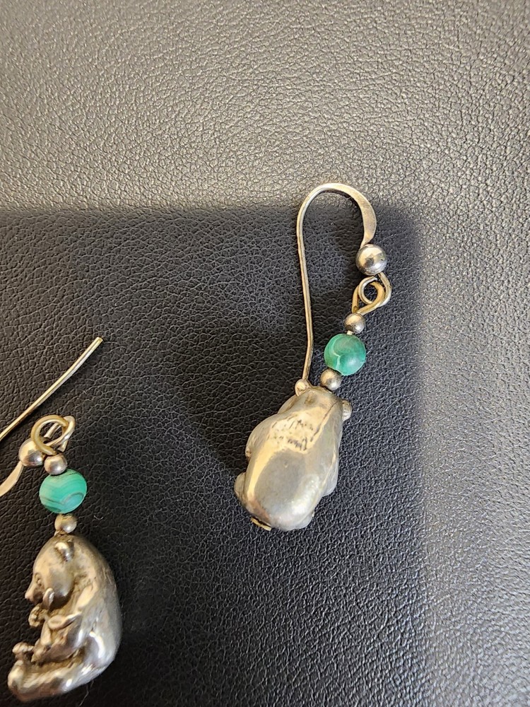 Vintage Sterling Silver Malachite Panda Bear Earrings
