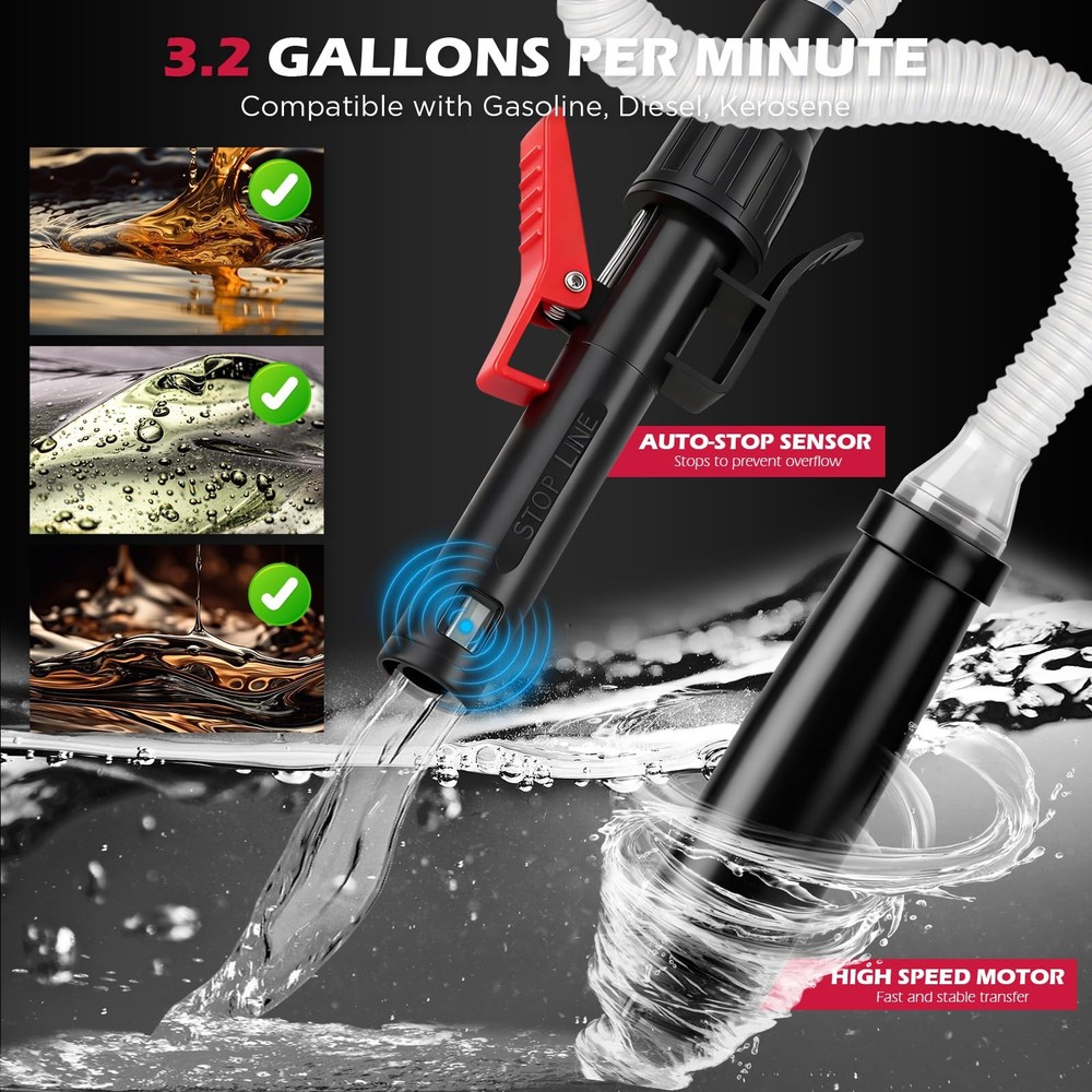 Automatic Fuel Transfer Pump with Auto-Stop Sensor(3.2 GPM), Battery...