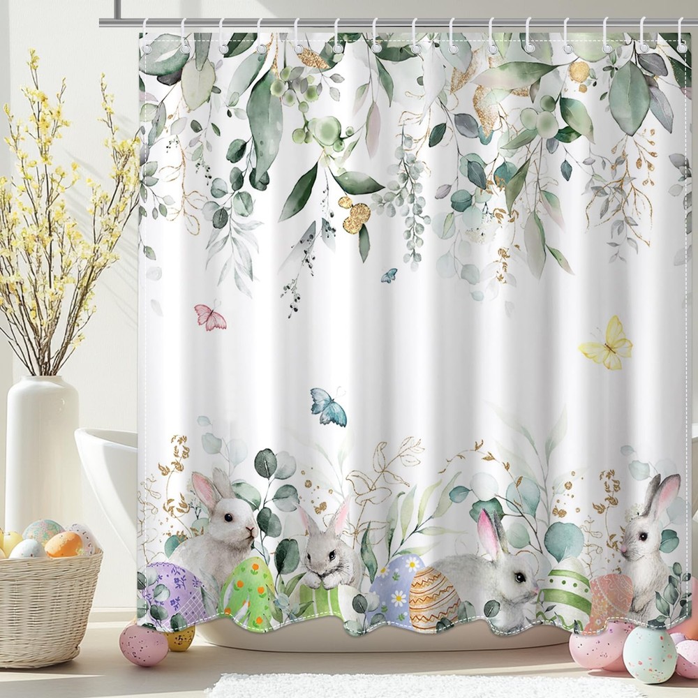 Spring Easter Shower Curtain for Bathroom Happy Easter Bunny Green Eucalyptus Sh