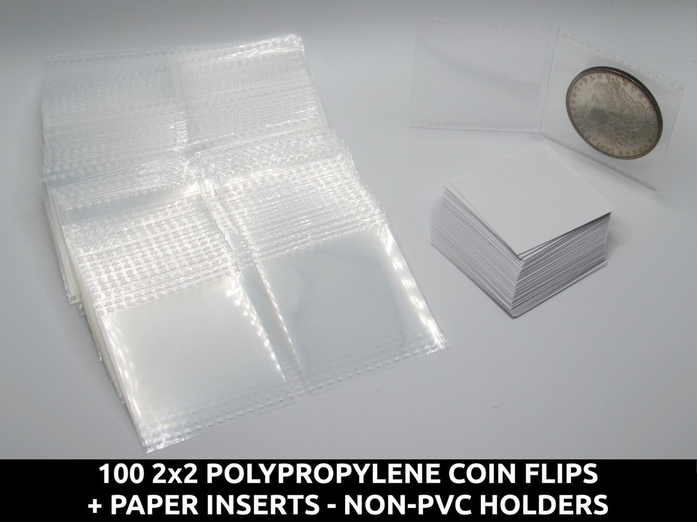 100 2" Polypropylene Coin Flips+paper inserts - 2x2 plastic PVC-free holders