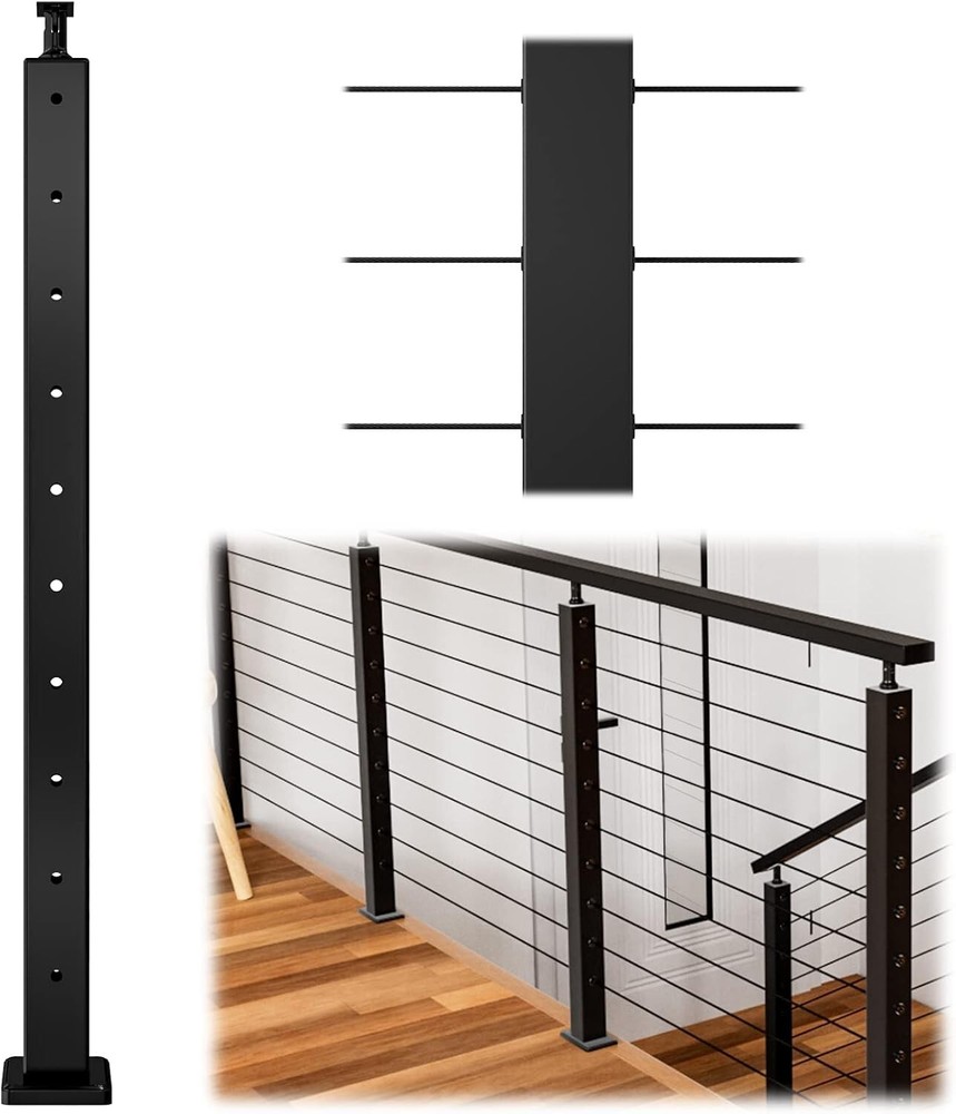 Black Cable Railing Post 36 Inch 36"x2"x2" Level Drilled Surface Mount T304 S...