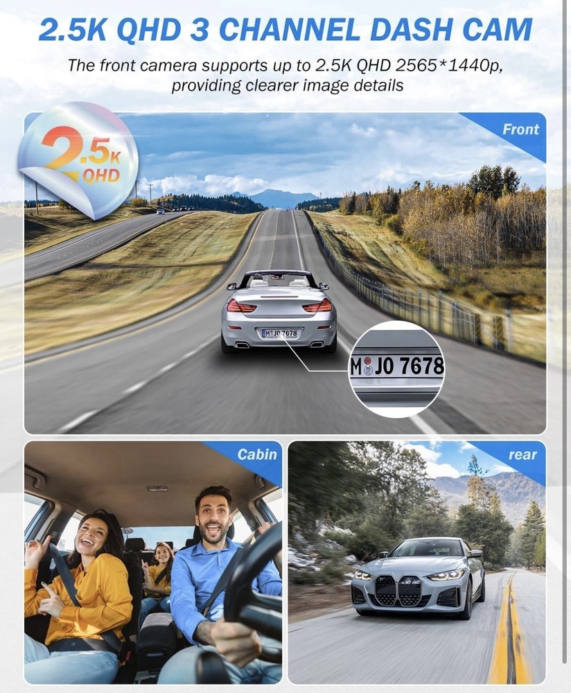 ALDF 3 Channel Dash Cam 4K/2.5K+1440P Dash Cam Front, Rear, & Inside
