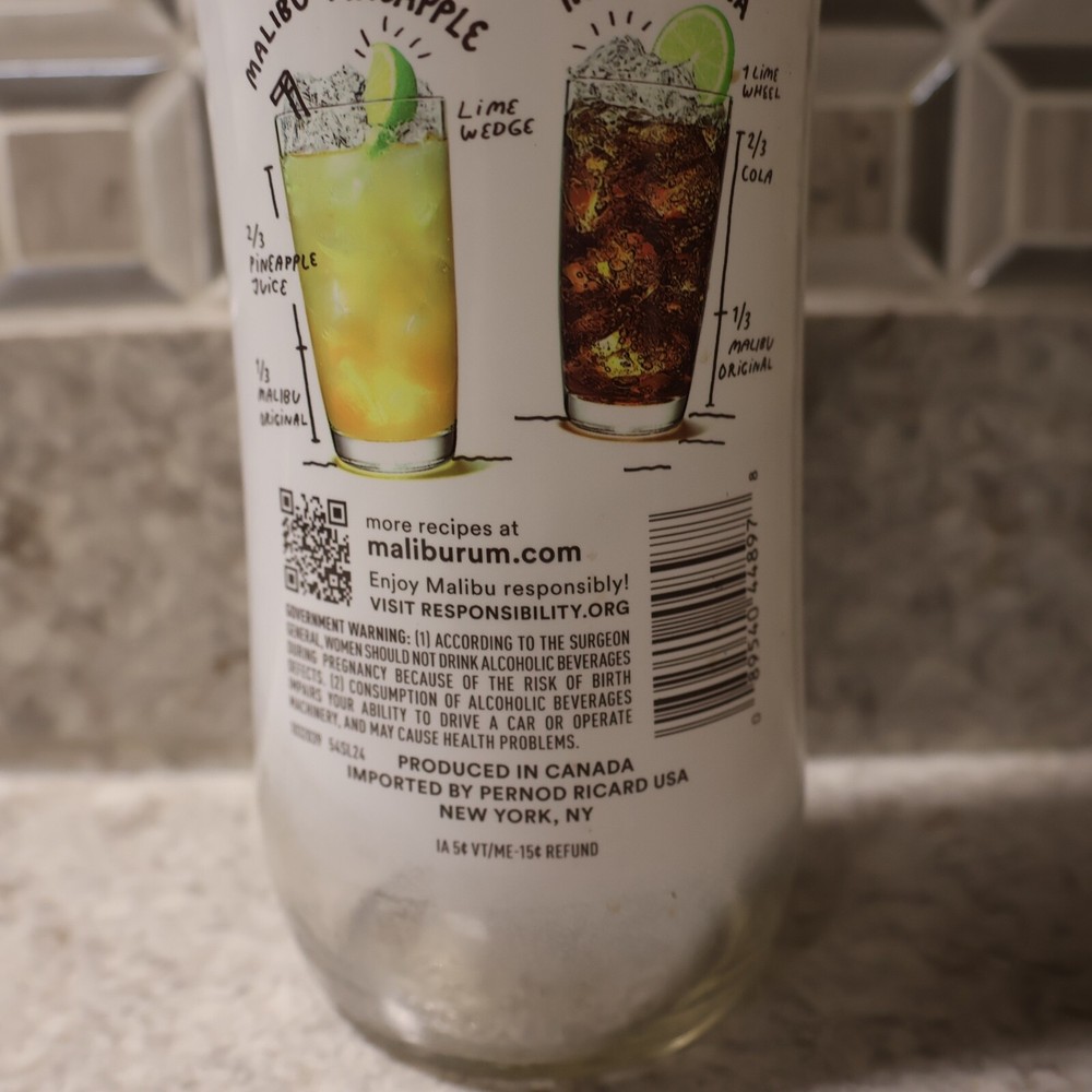 EMPTY 1L Malibu Original Coconut Rum Bottle w/o Cap