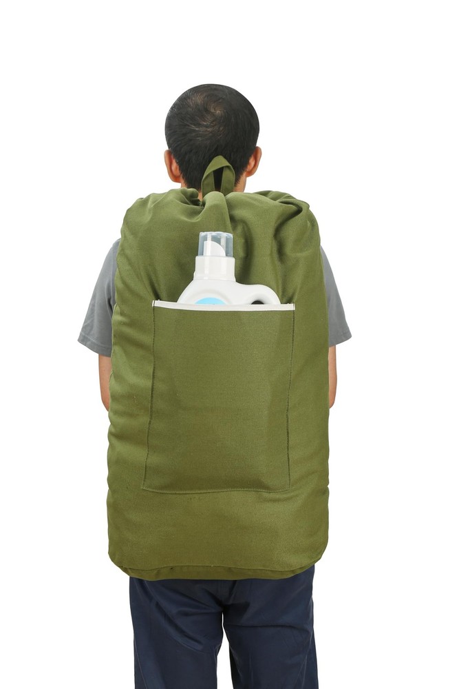 Washable Canvas Laundry Backpack with Large Front Pocket and Drawstring Closure