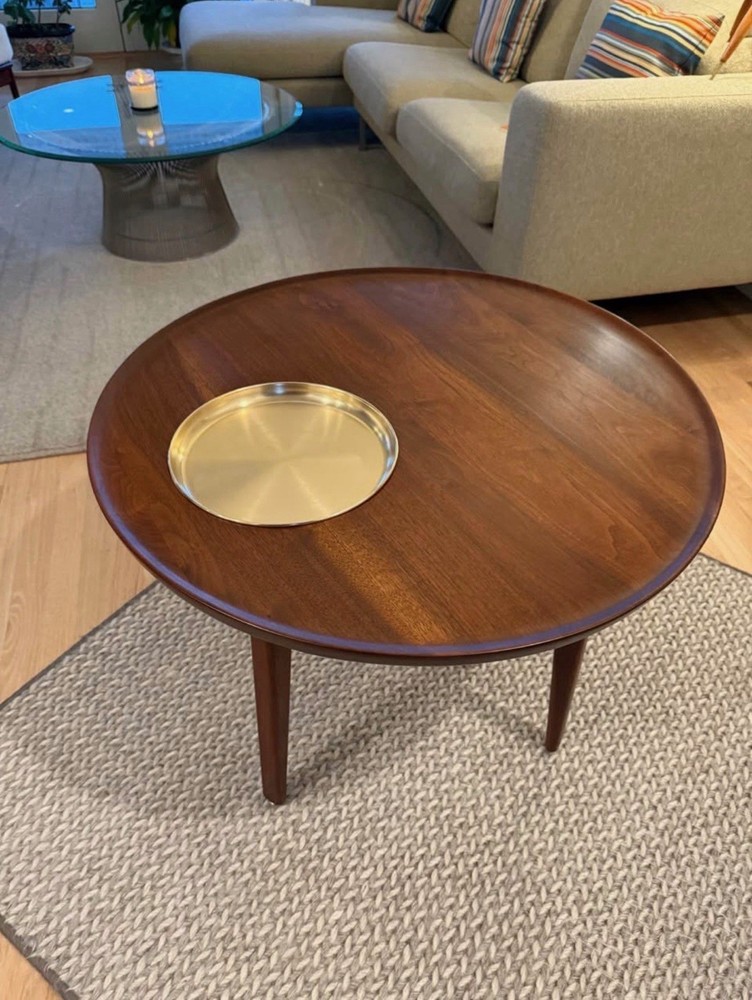1960s Jens Risom Solid walnut Round Table With Brass Tray Mid century