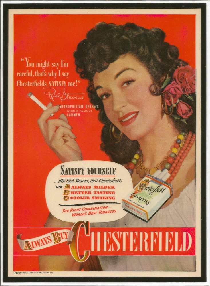 Handmade Laminated Print REAL 1948 Chesterfield Cigarettes PRINT AD Rise Stevens