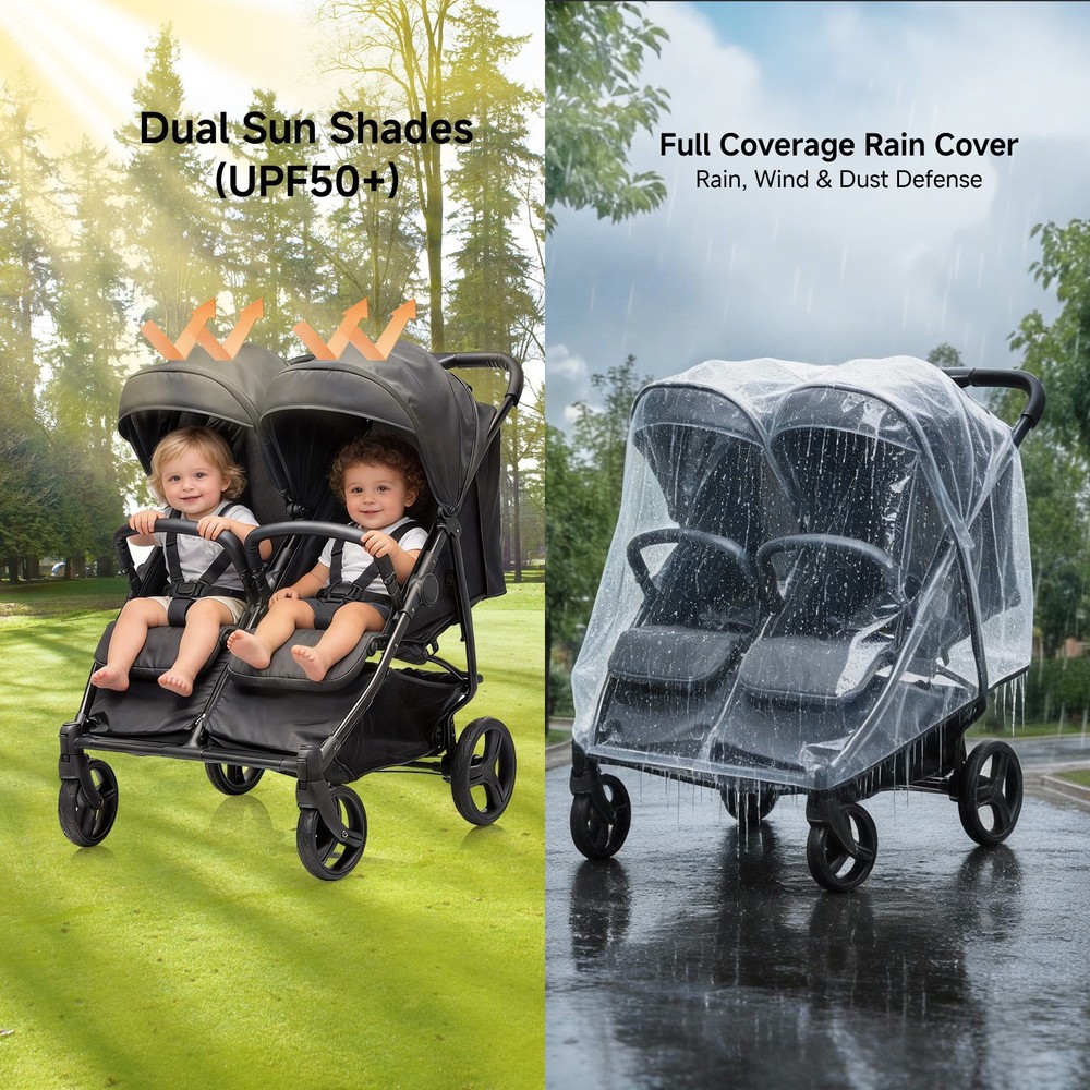 Lightweight Double Stroller for Twins, One Hand Fold All Terrain
